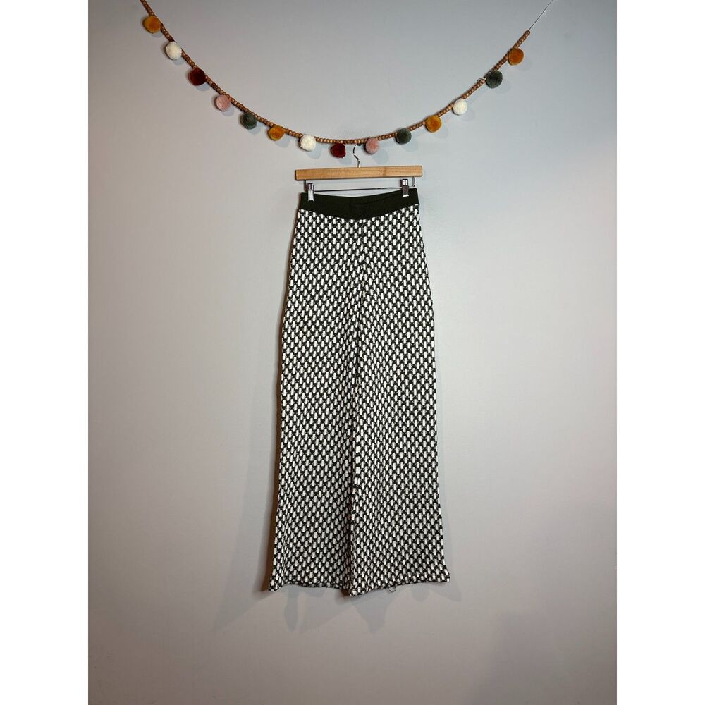Zara dark green and cream patterned wide leg sweater pants